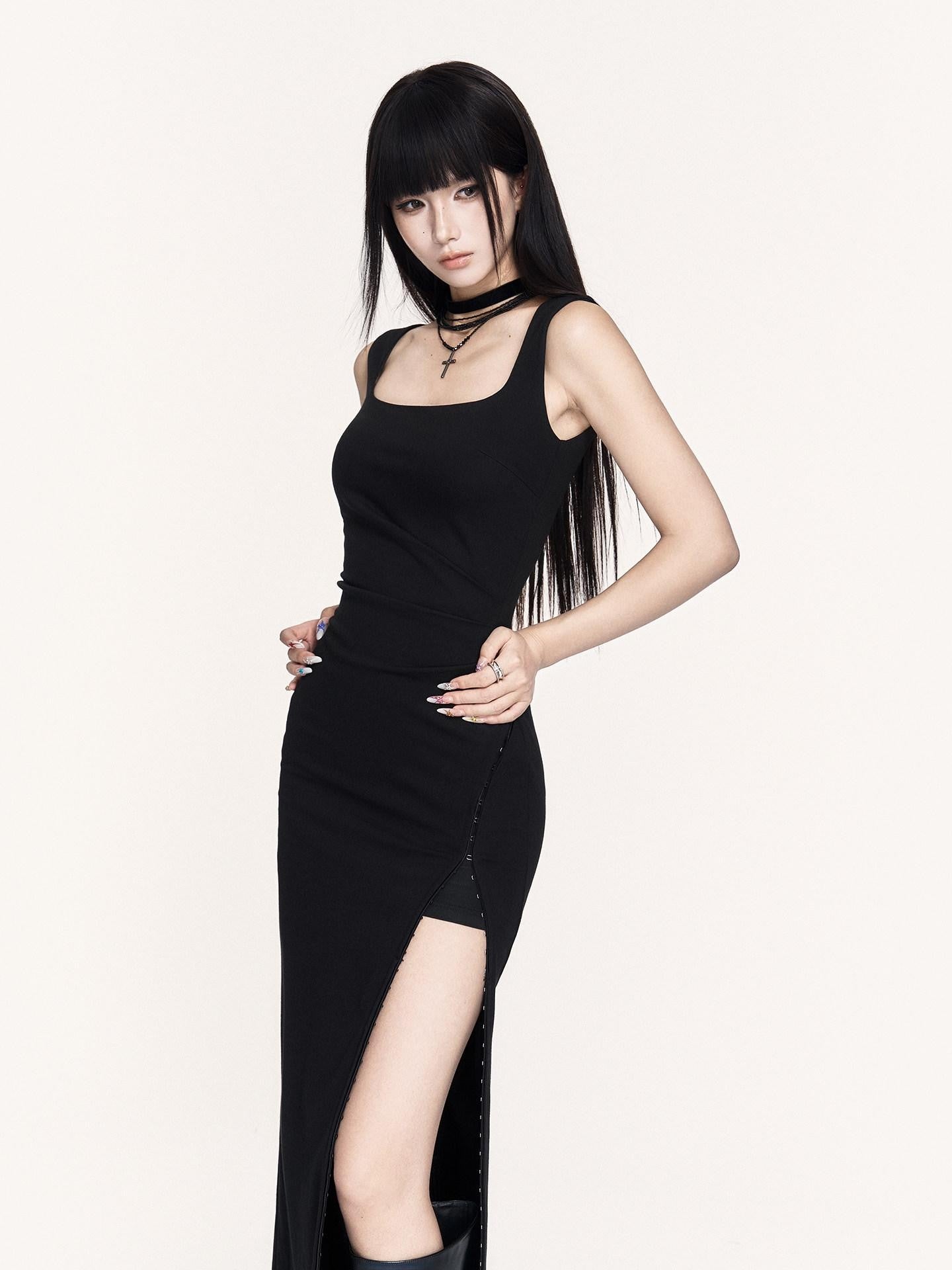 VOCK Hepburn Square Neck Slit Waist Cinched Women's Polyester Bodycon Maxi Dresses
