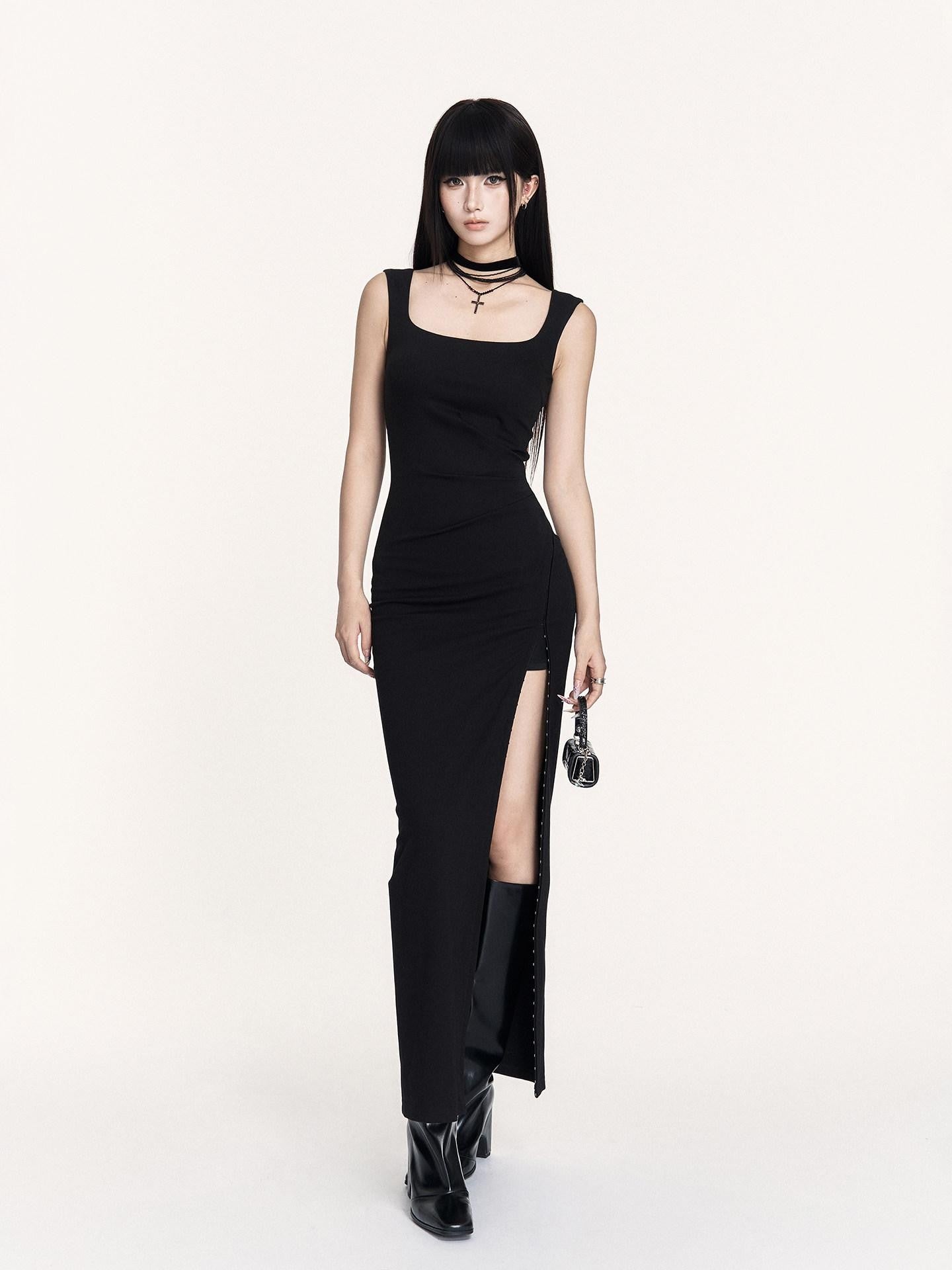 VOCK Hepburn Square Neck Slit Waist Cinched Women's Polyester Bodycon Maxi Dresses
