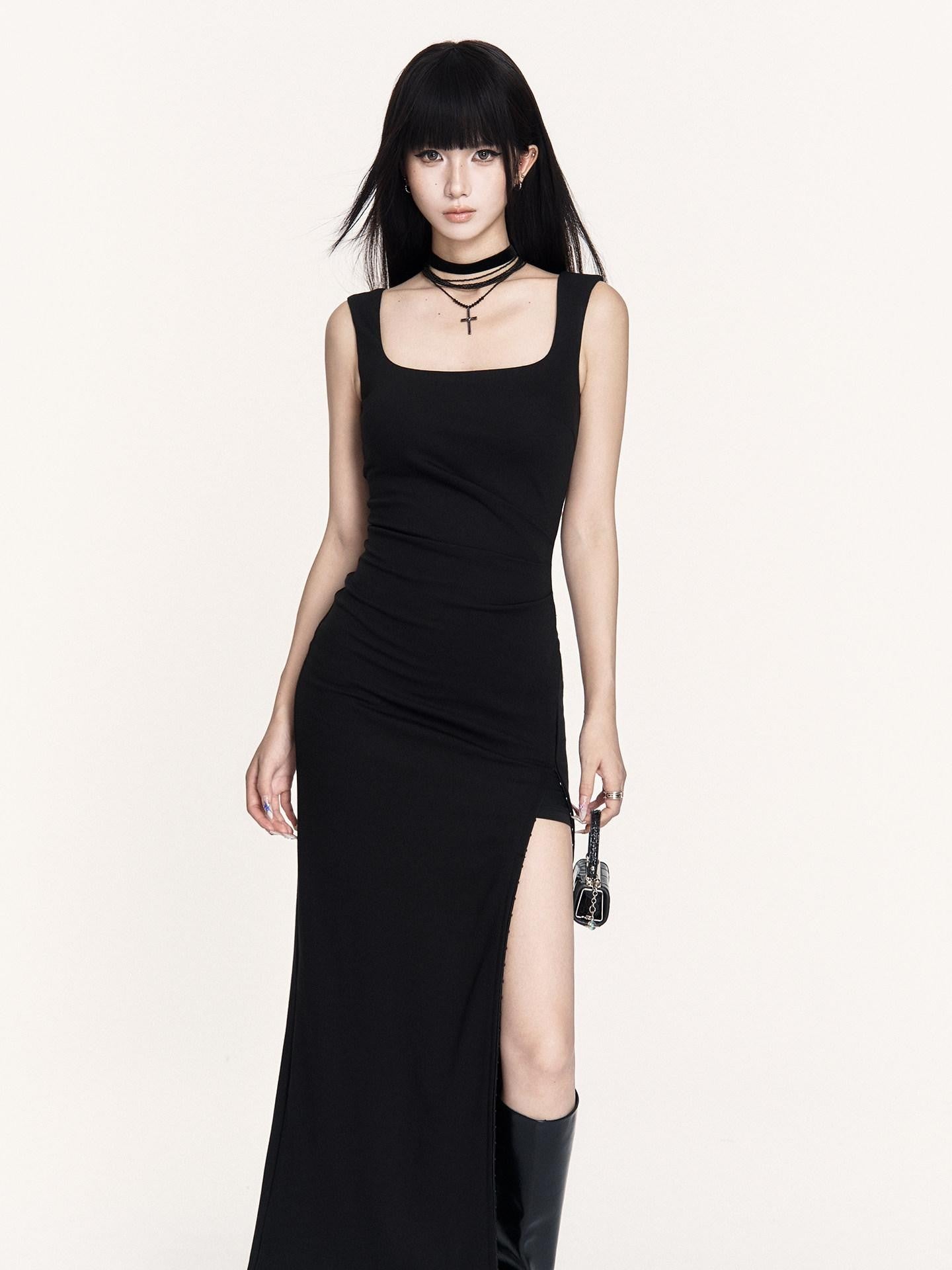 VOCK Hepburn Square Neck Slit Waist Cinched Women's Polyester Bodycon Maxi Dresses