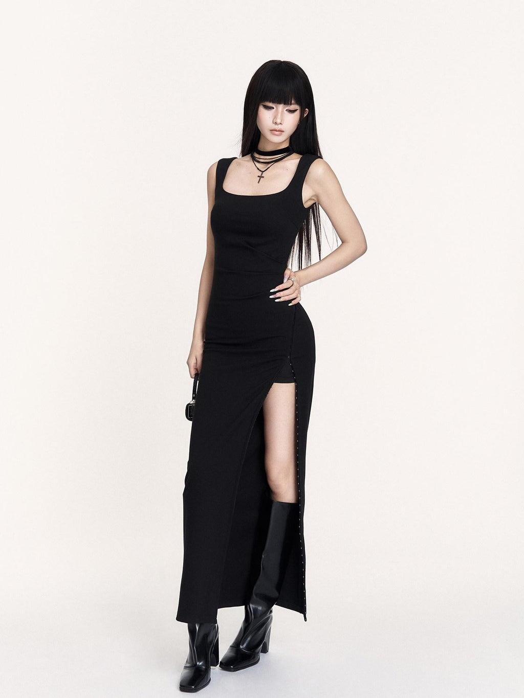 VOCK Hepburn Square Neck Slit Waist Cinched Women's Polyester Bodycon Maxi Dresses