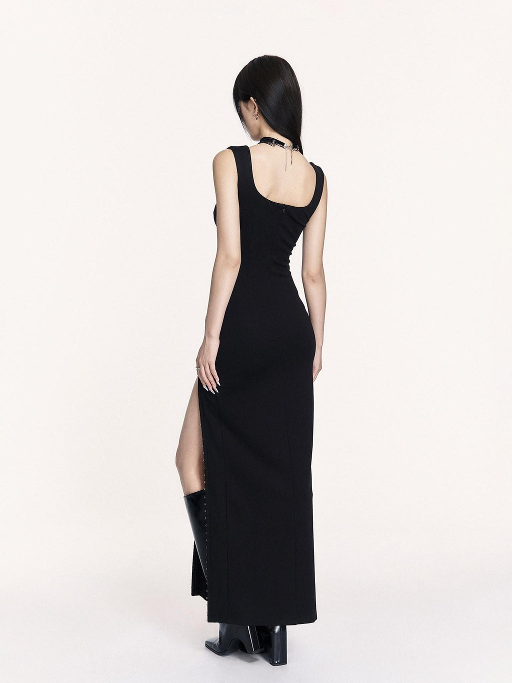 VOCK Hepburn Square Neck Slit Waist Cinched Women's Polyester Bodycon Maxi Dresses