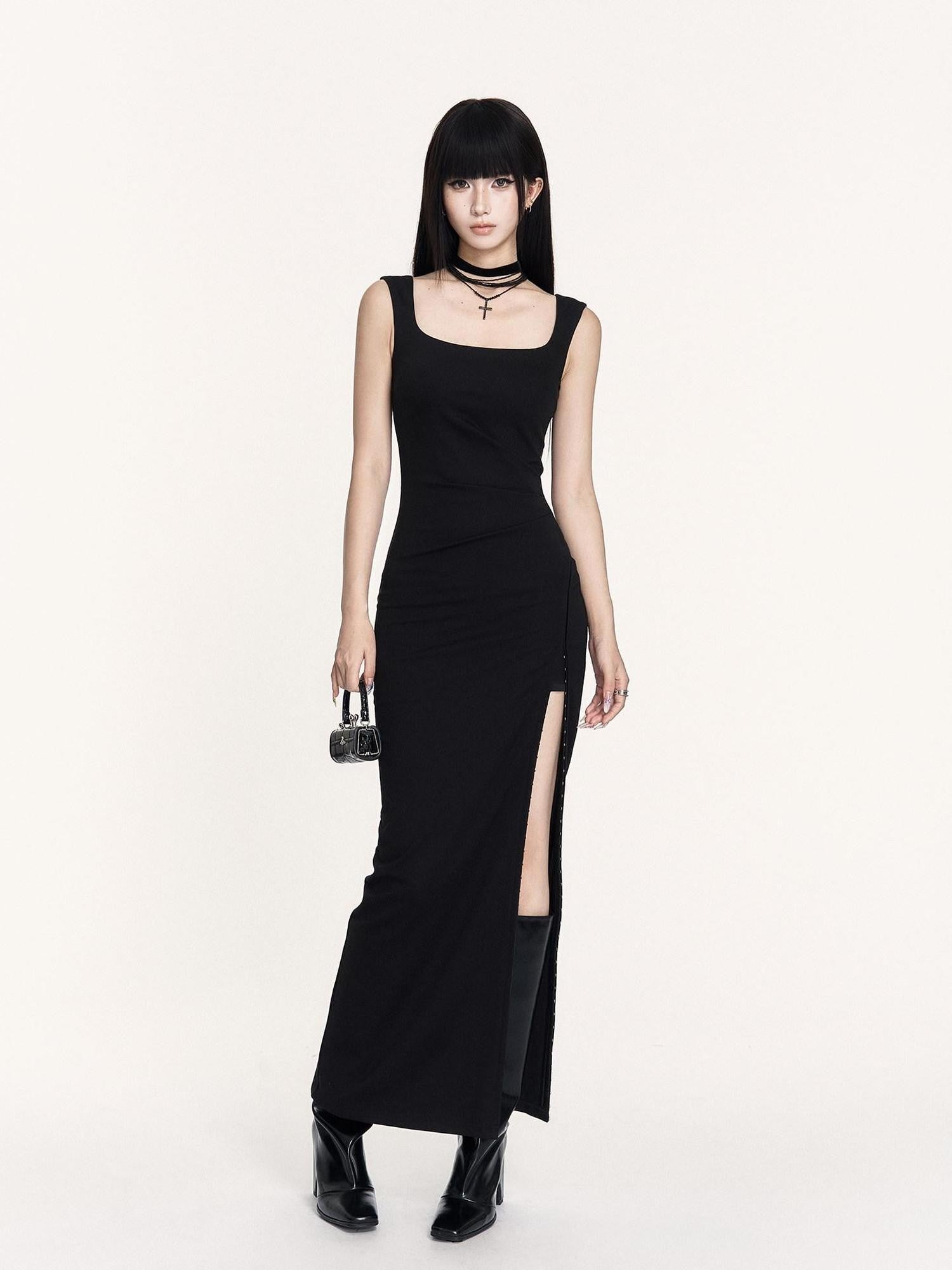 VOCK Hepburn Square Neck Slit Waist Cinched Women's Polyester Bodycon Maxi Dresses