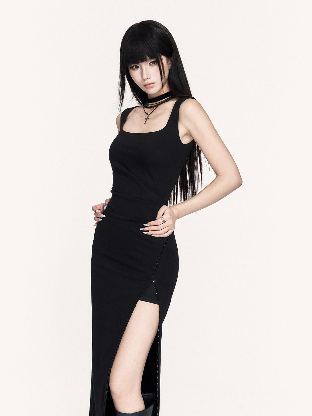 VOCK Hepburn Square Neck Slit Waist Cinched Women's Polyester Bodycon Maxi Dresses
