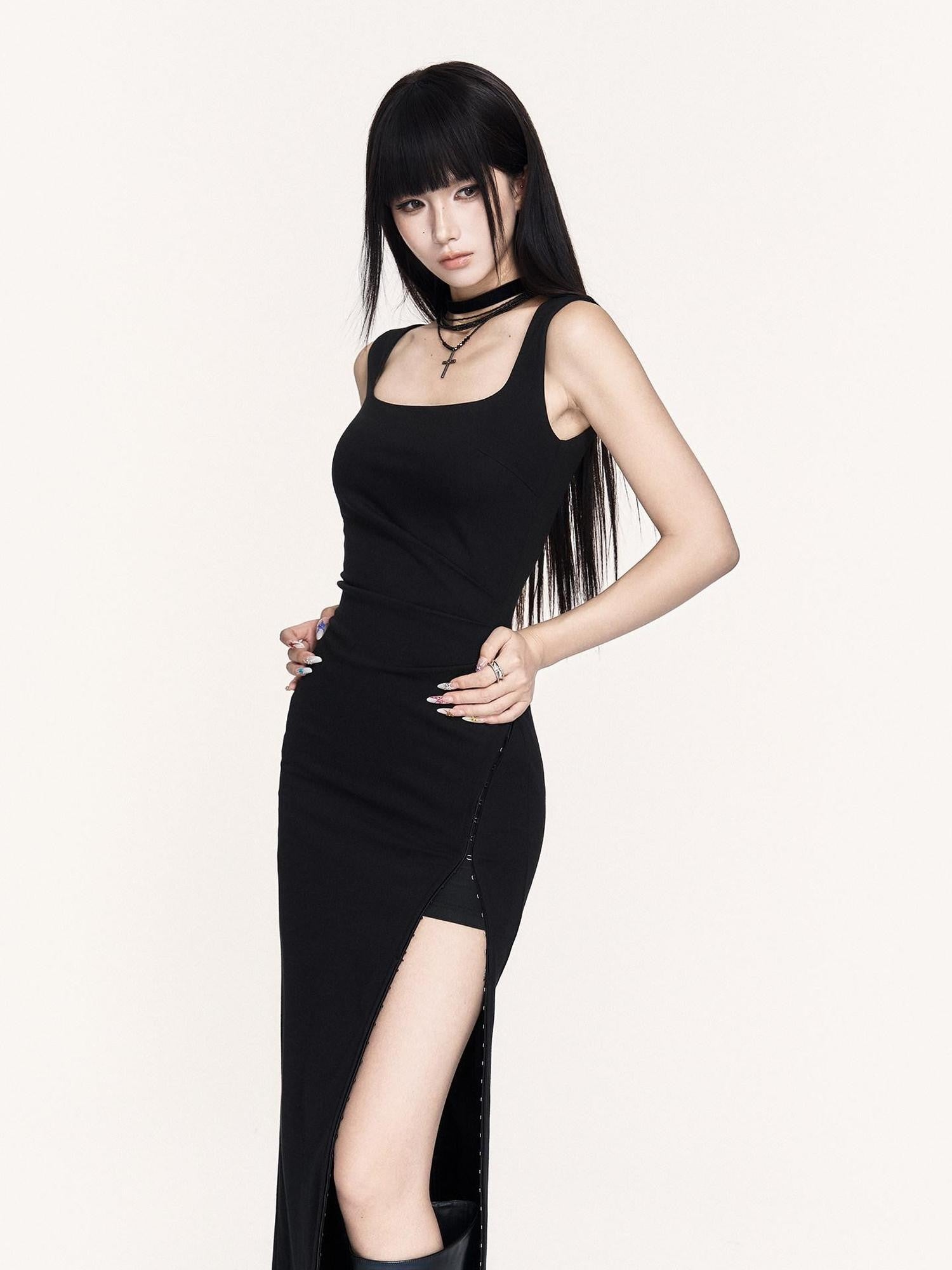 VOCK Hepburn Square Neck Slit Waist Cinched Women's Polyester Bodycon Maxi Dresses