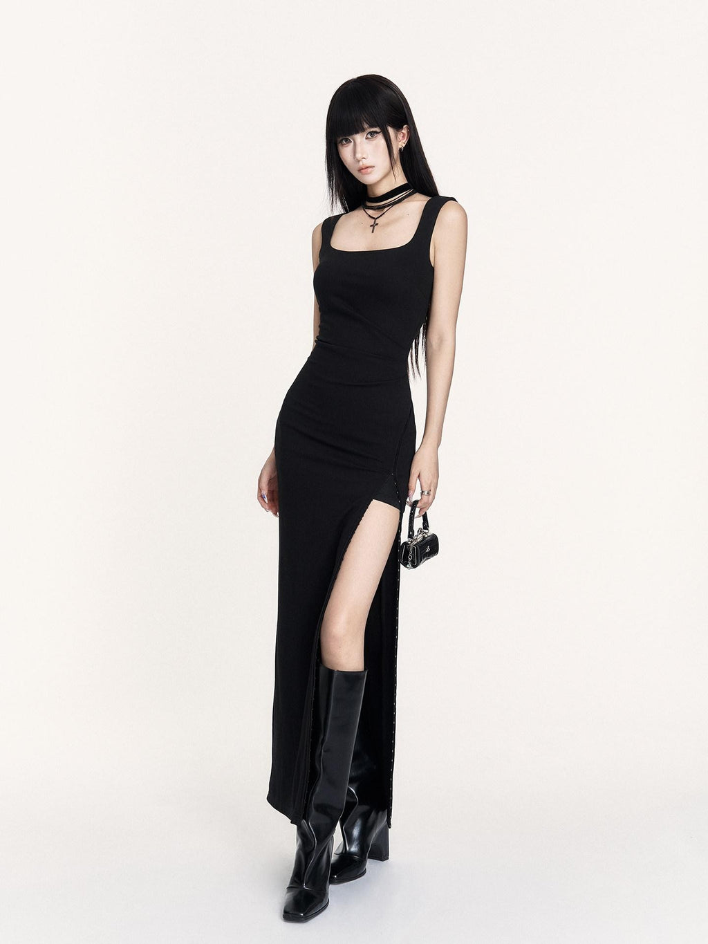 VOCK Hepburn Square Neck Slit Waist Cinched Women's Polyester Bodycon Maxi Dresses