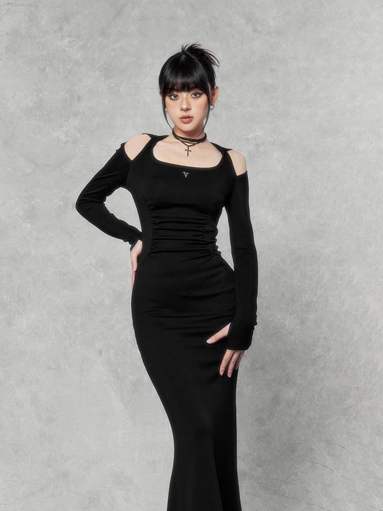 VOCK Hooded Square Neck Fishtail Knit Women's Cotton Blend Bodycon Maxi Dresses