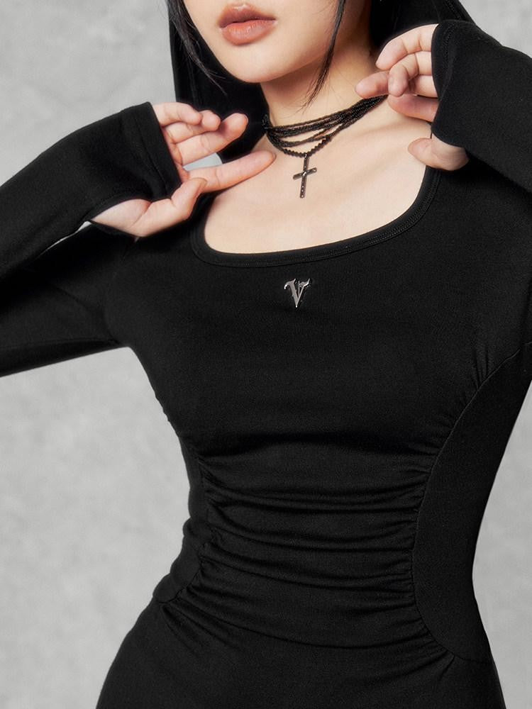 VOCK Hooded Square Neck Fishtail Knit Women's Cotton Blend Bodycon Maxi Dresses