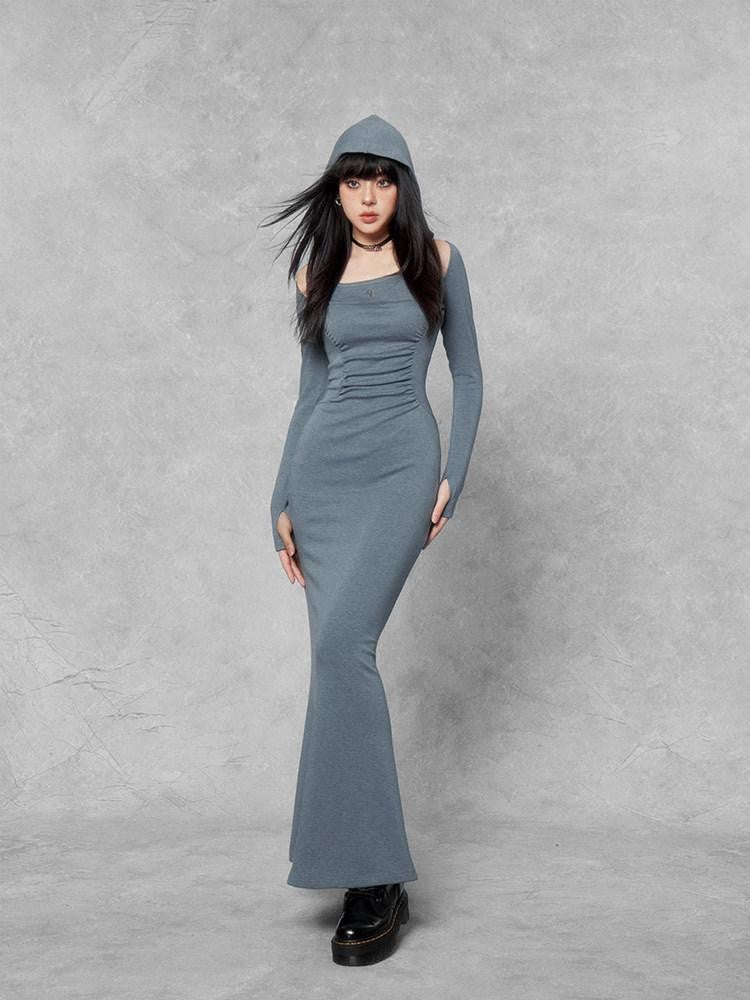 VOCK Hooded Square Neck Fishtail Knit Women's Cotton Blend Bodycon Maxi Dresses