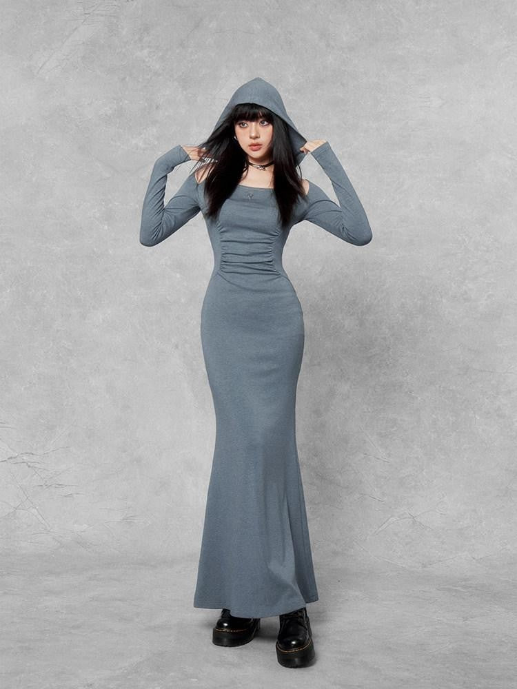 VOCK Hooded Square Neck Fishtail Knit Women's Cotton Blend Bodycon Maxi Dresses