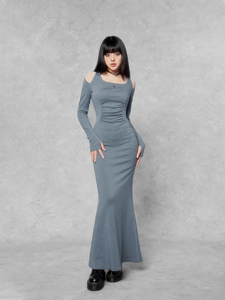 VOCK Hooded Square Neck Fishtail Knit Women's Cotton Blend Bodycon Maxi Dresses