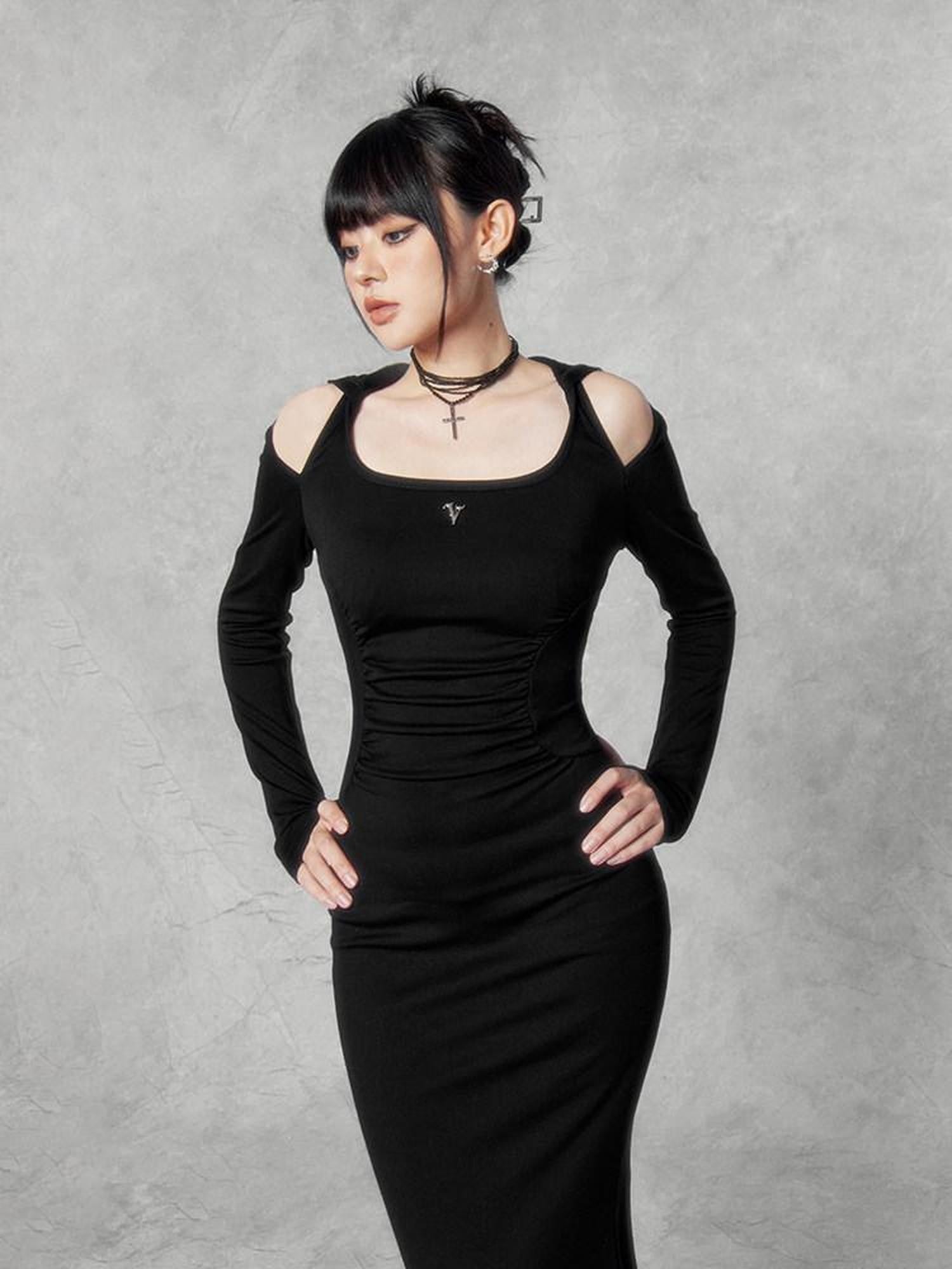 VOCK Hooded Square Neck Fishtail Knit Women's Cotton Blend Bodycon Maxi Dresses
