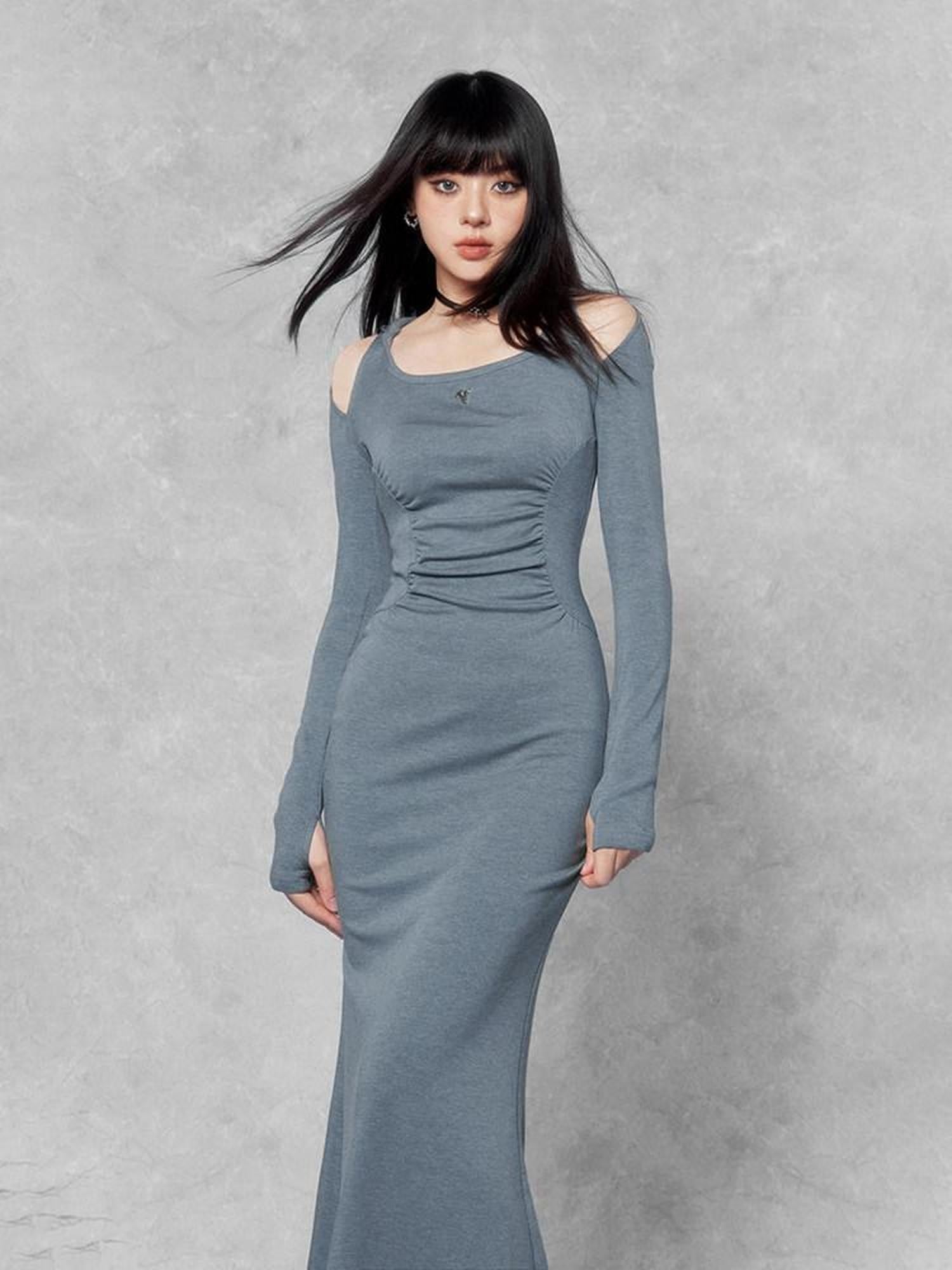 VOCK Hooded Square Neck Fishtail Knit Women's Cotton Blend Bodycon Maxi Dresses
