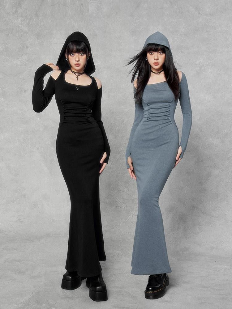 VOCK Hooded Square Neck Fishtail Knit Women's Cotton Blend Bodycon Maxi Dresses