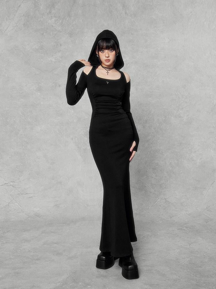 VOCK Hooded Square Neck Fishtail Knit Women's Cotton Blend Bodycon Maxi Dresses