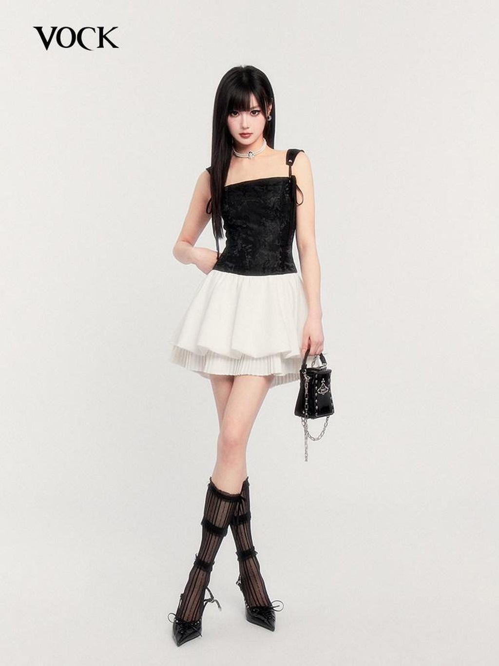 VOCK Jacquard Pleated Puff Waist Tie Women's Polyester Slip Mini Dresses