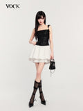 VOCK Jacquard Pleated Puff Waist Tie Women's Polyester Slip Mini Dresses