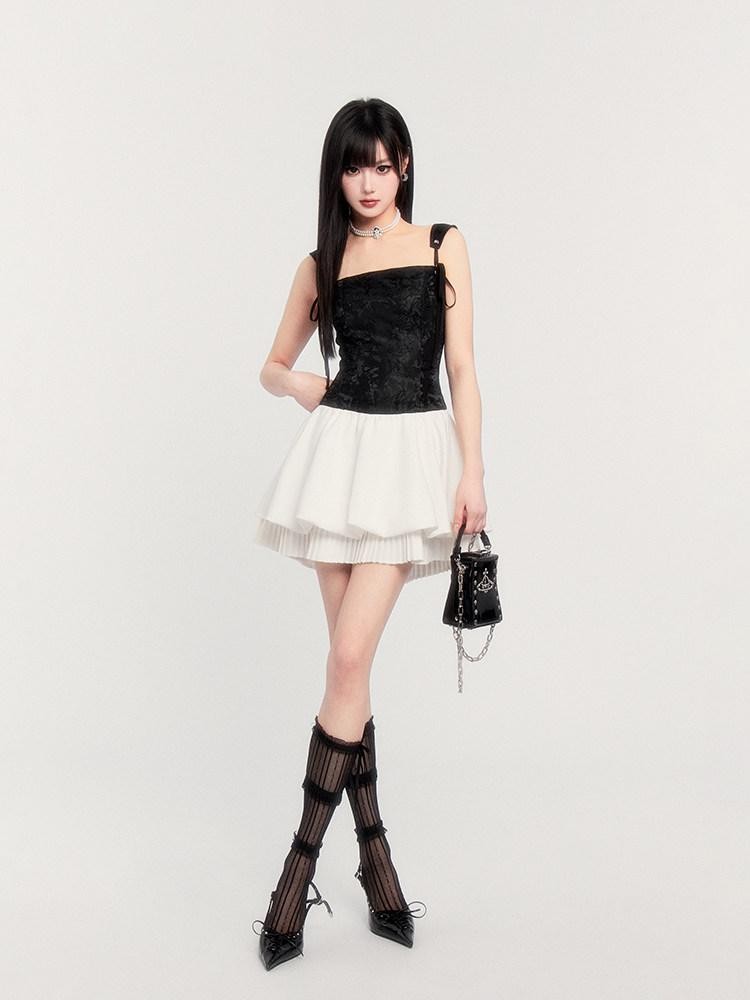 VOCK Jacquard Pleated Puff Waist Tie Women's Polyester Slip Mini Dresses