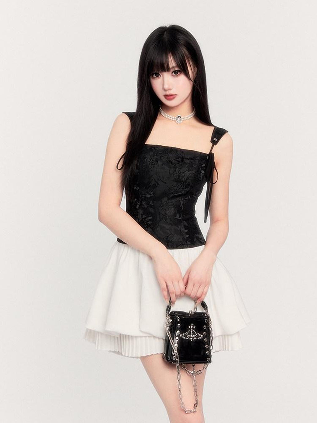 VOCK Jacquard Pleated Puff Waist Tie Women's Polyester Slip Mini Dresses