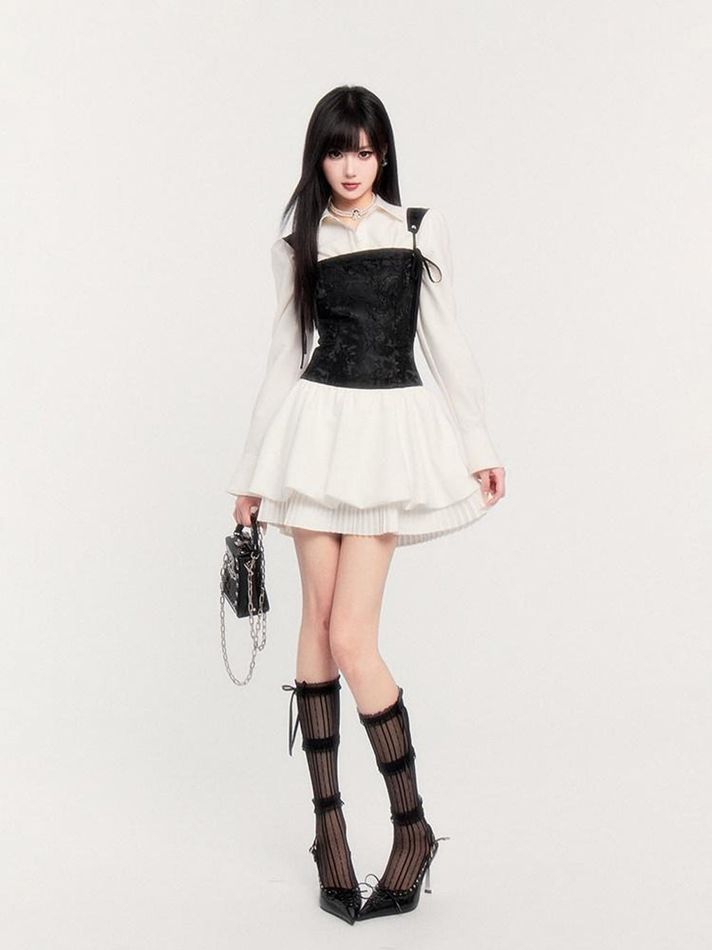 VOCK Jacquard Pleated Puff Waist Tie Women's Polyester Slip Mini Dresses