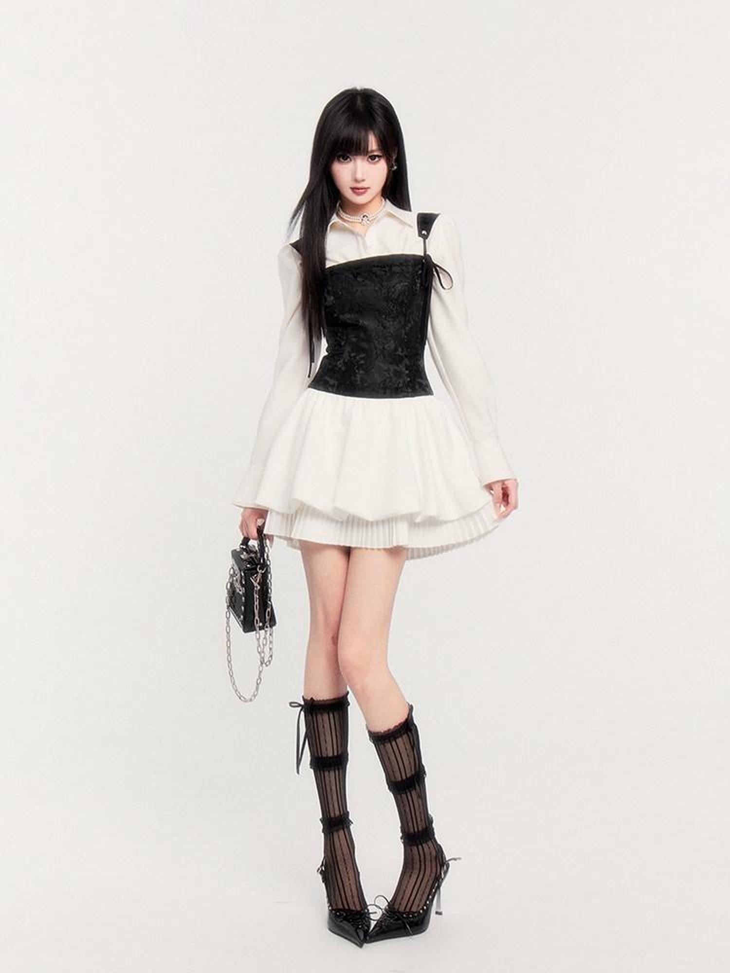 VOCK Jacquard Pleated Puff Waist Tie Women's Polyester Slip Mini Dresses