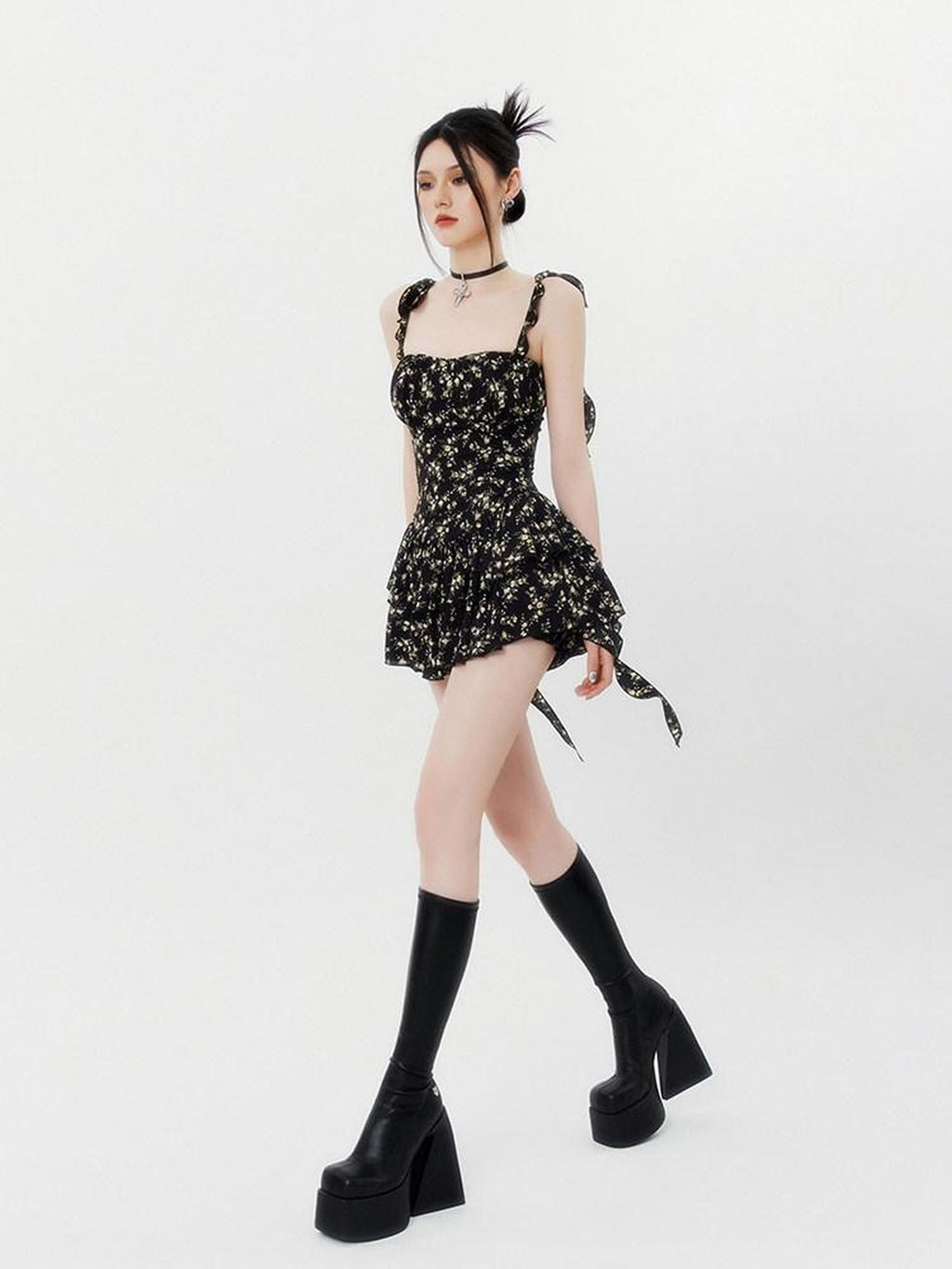 VOCK Jasmine Black Floral Ruffle High Waist Women's Polyester Slip Mini Dresses