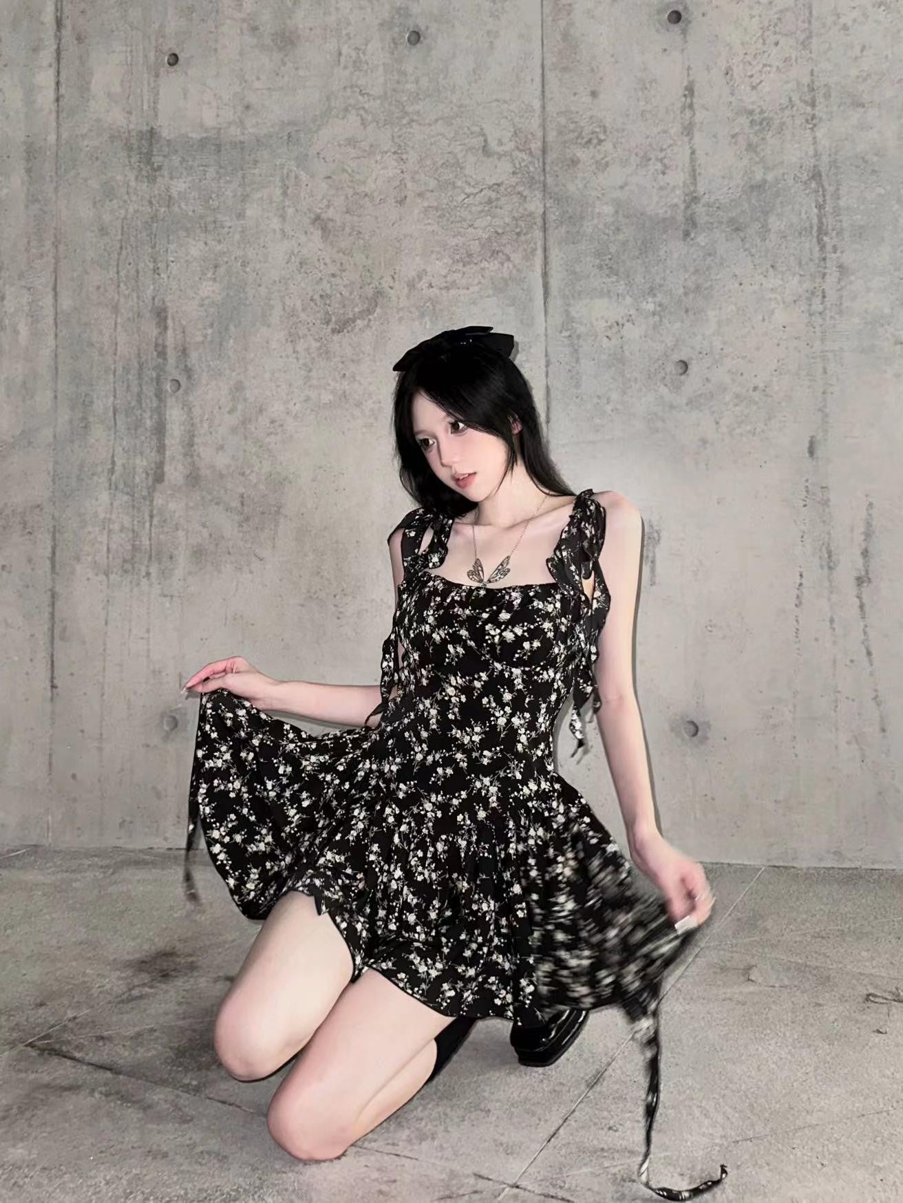 VOCK Jasmine Black Floral Ruffle High Waist Women's Polyester Slip Mini Dresses
