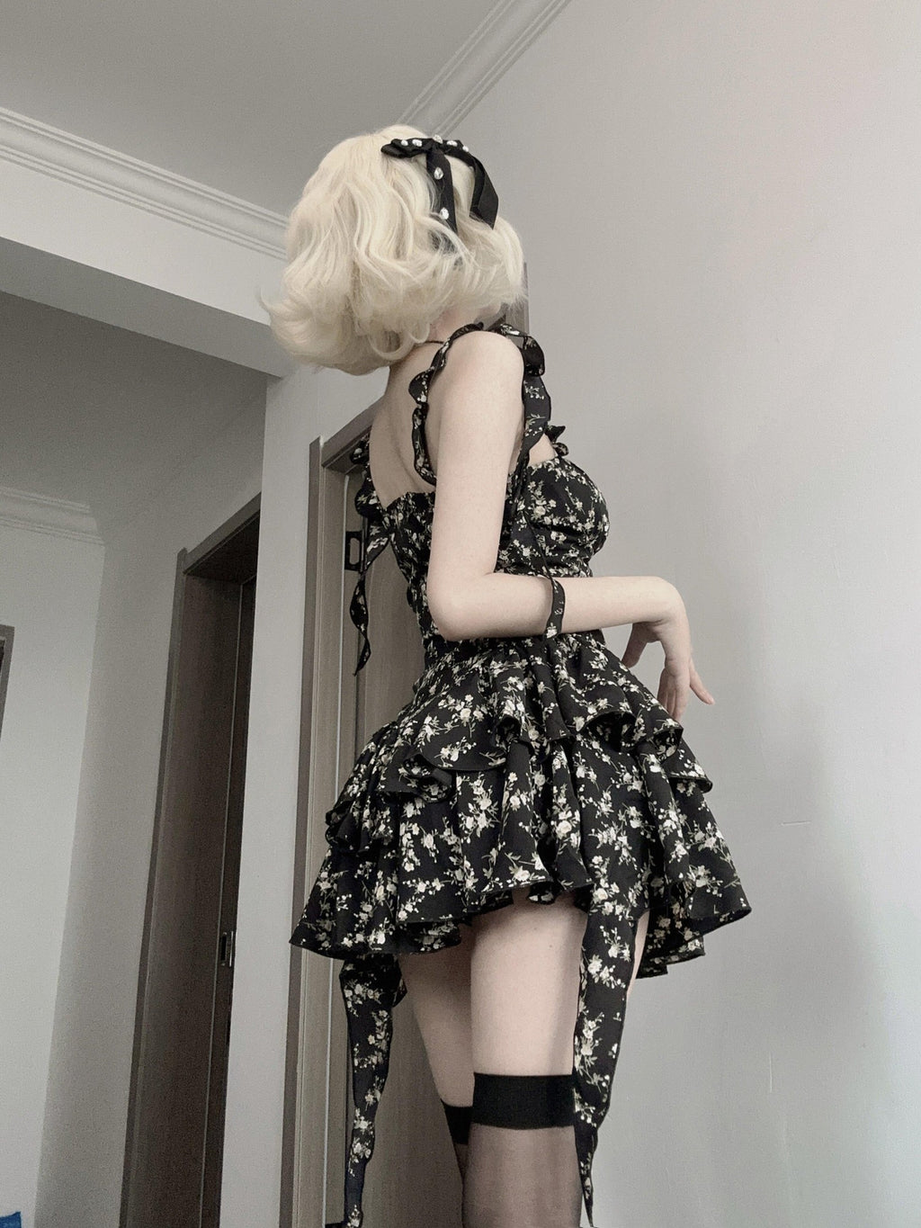 VOCK Jasmine Black Floral Ruffle High Waist Women's Polyester Slip Mini Dresses