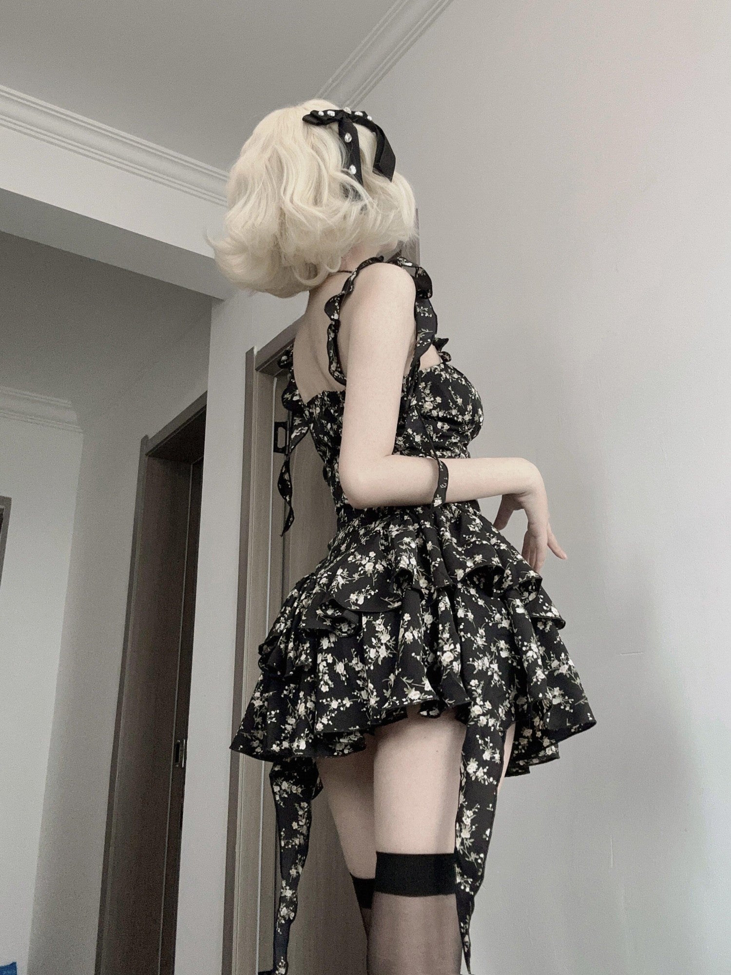 VOCK Jasmine Black Floral Ruffle High Waist Women's Polyester Slip Mini Dresses