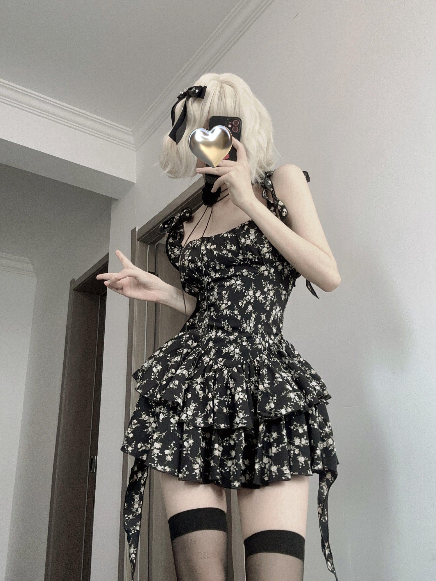 VOCK Jasmine Black Floral Ruffle High Waist Women's Polyester Slip Mini Dresses