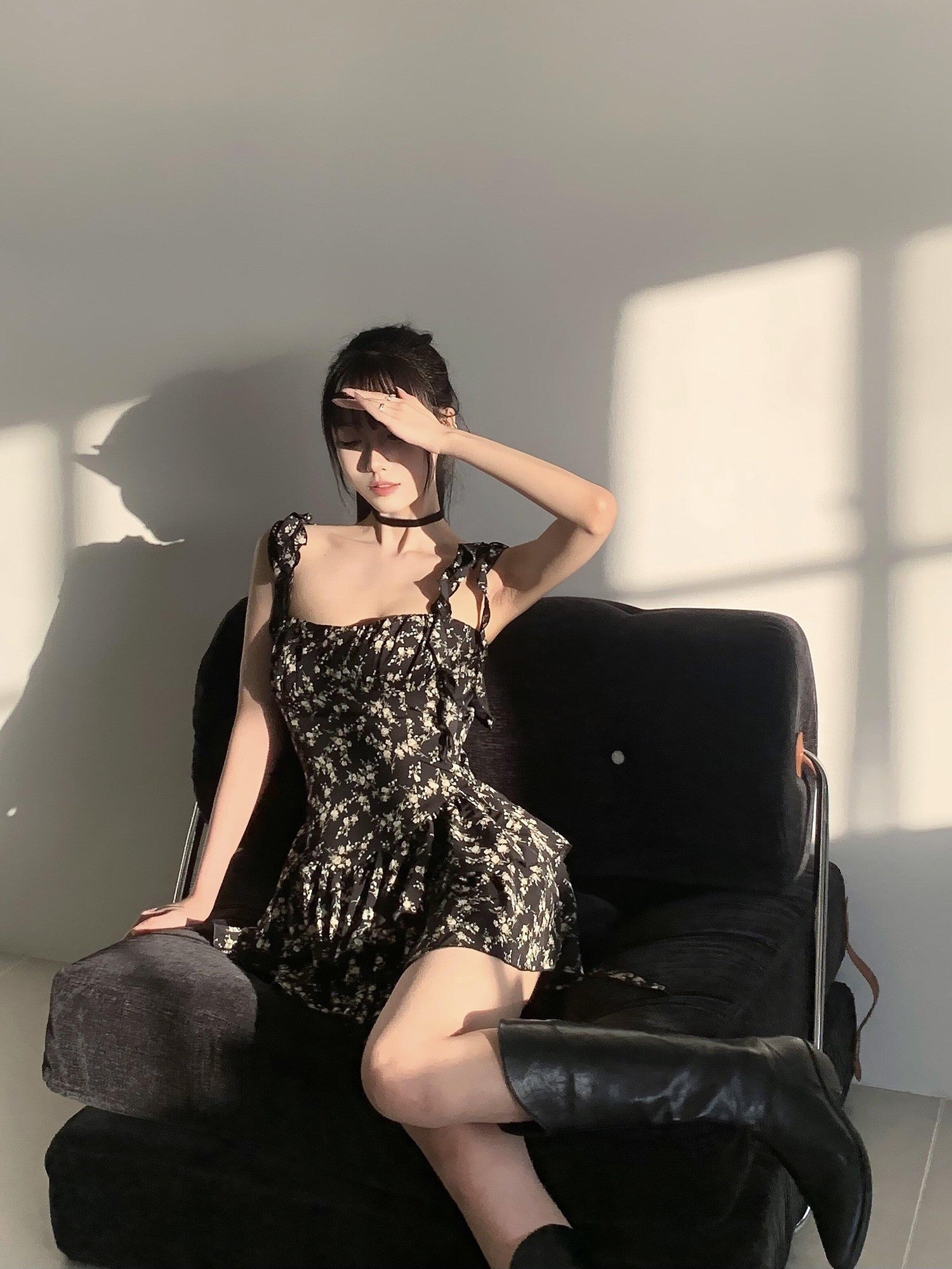 VOCK Jasmine Black Floral Ruffle High Waist Women's Polyester Slip Mini Dresses