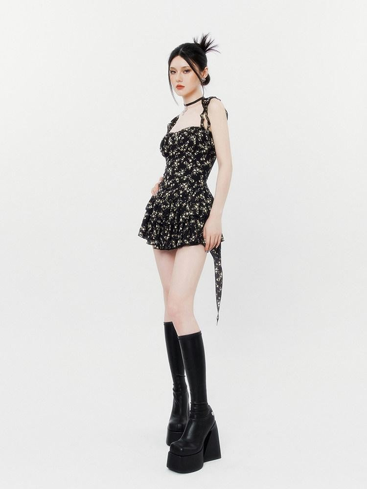 VOCK Jasmine Black Floral Ruffle High Waist Women's Polyester Slip Mini Dresses