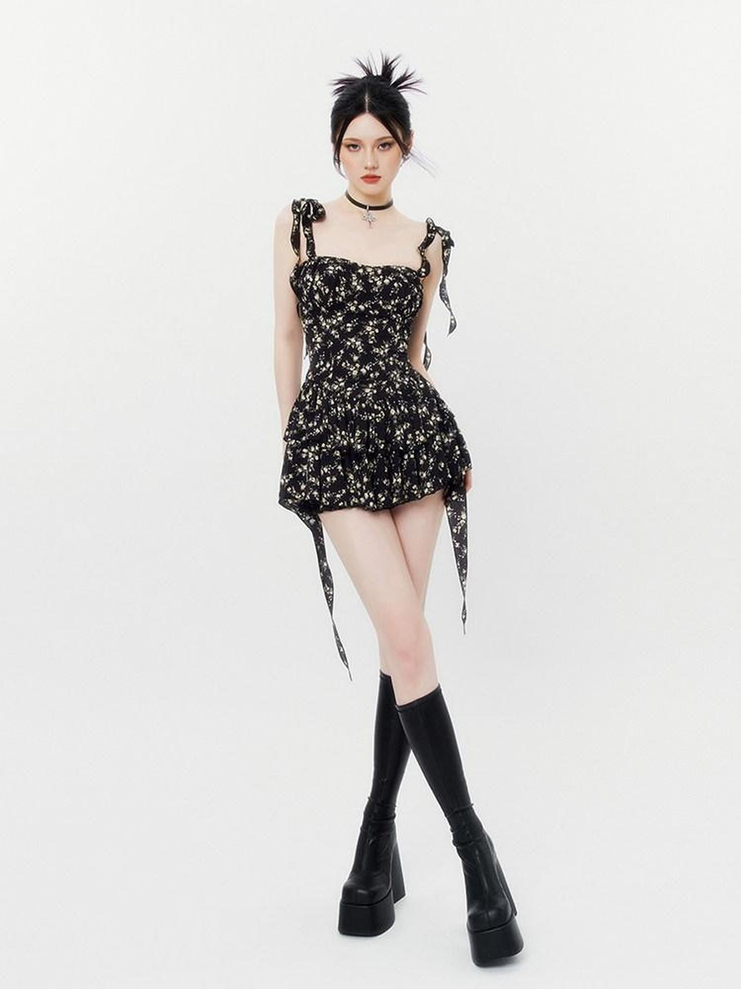 VOCK Jasmine Black Floral Ruffle High Waist Women's Polyester Slip Mini Dresses