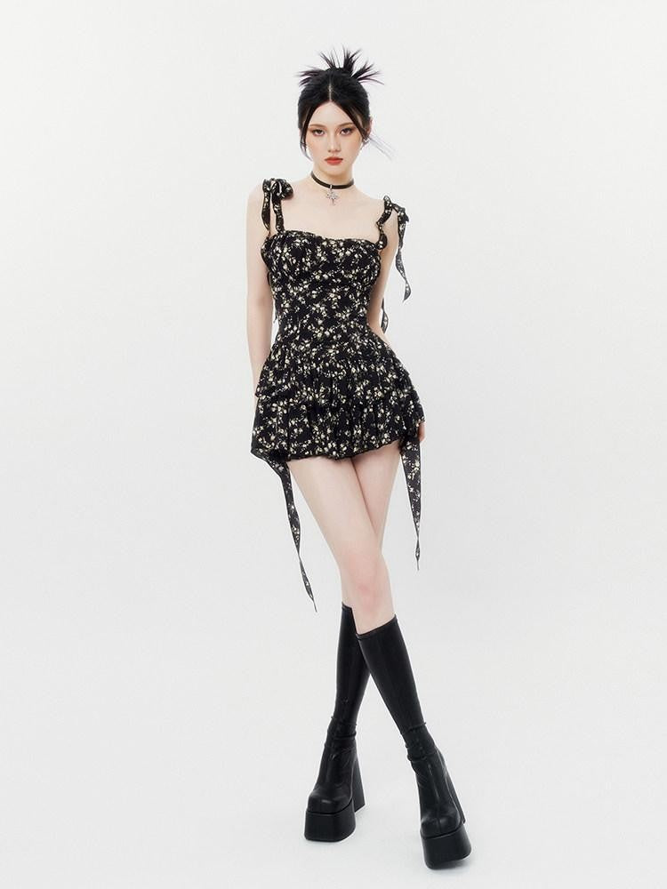 VOCK Jasmine Black Floral Ruffle High Waist Women's Polyester Slip Mini Dresses