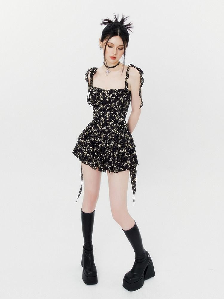 VOCK Jasmine Black Floral Ruffle High Waist Women's Polyester Slip Mini Dresses