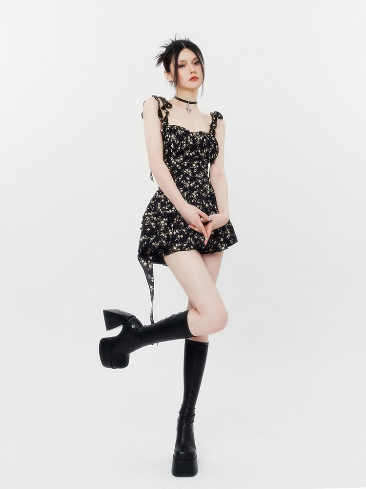 VOCK Jasmine Black Floral Ruffle High Waist Women's Polyester Slip Mini Dresses