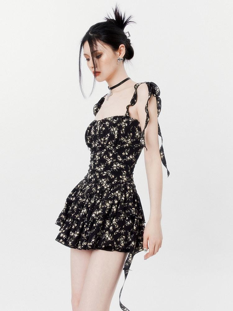 VOCK Jasmine Black Floral Ruffle High Waist Women's Polyester Slip Mini Dresses