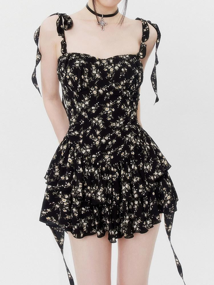 VOCK Jasmine Black Floral Ruffle High Waist Women's Polyester Slip Mini Dresses