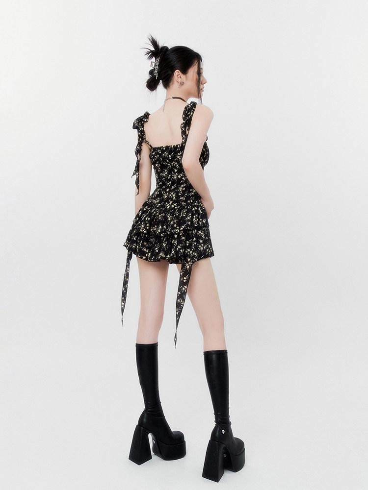 VOCK Jasmine Black Floral Ruffle High Waist Women's Polyester Slip Mini Dresses