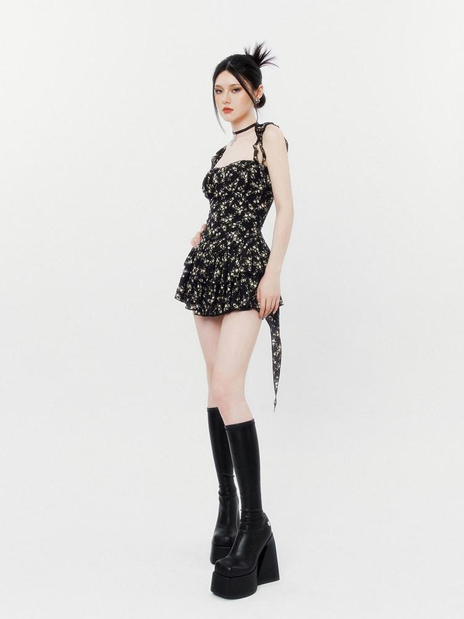 VOCK Jasmine Black Floral Ruffle High Waist Women's Polyester Slip Mini Dresses