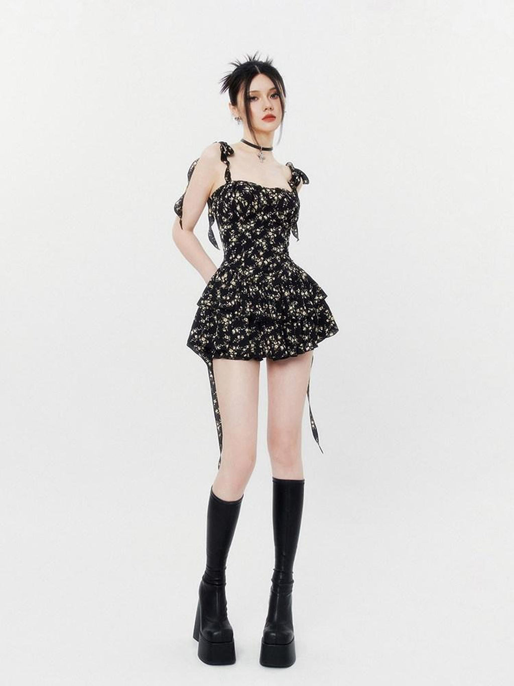 VOCK Jasmine Black Floral Ruffle High Waist Women's Polyester Slip Mini Dresses