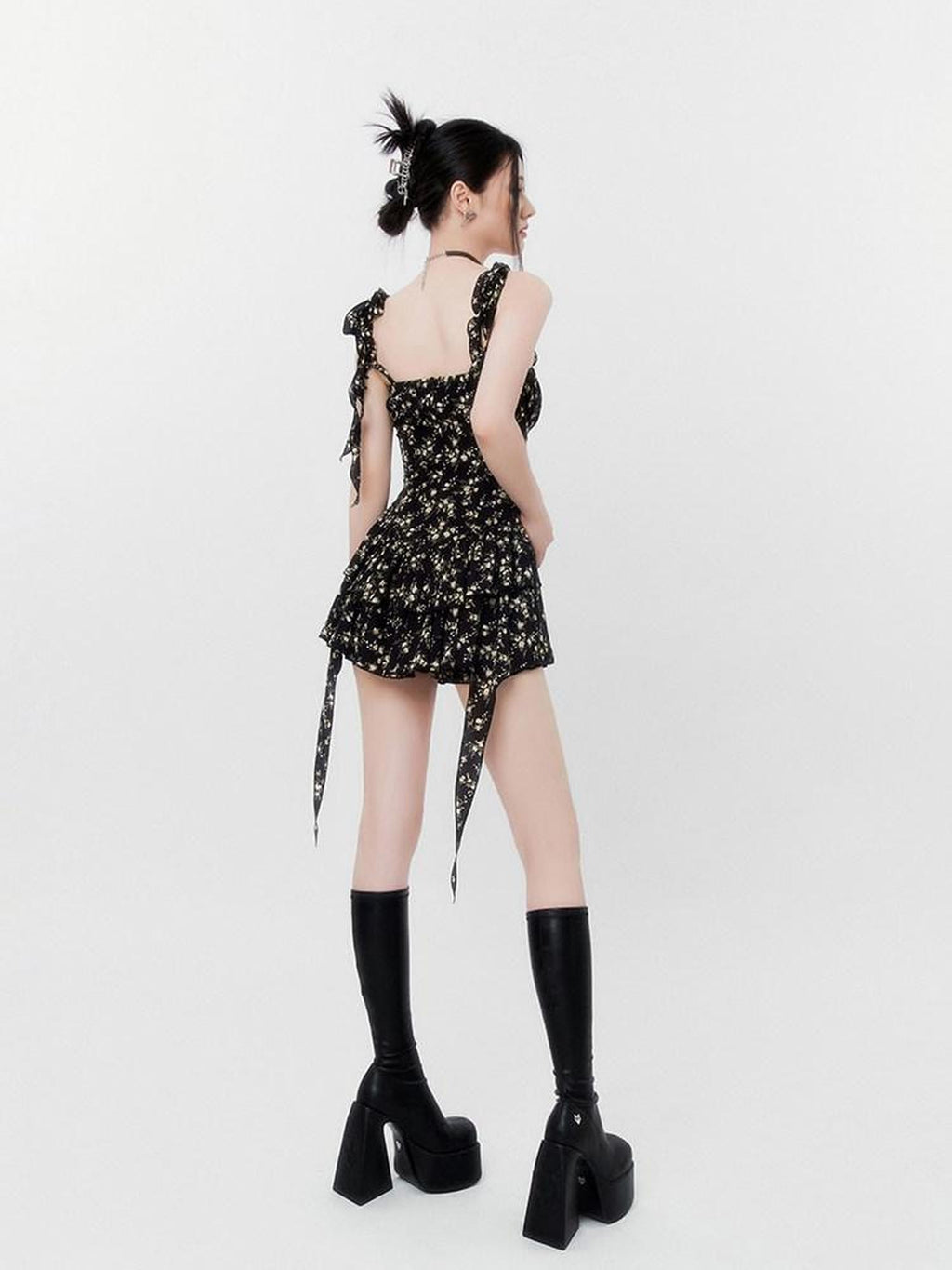 VOCK Jasmine Black Floral Ruffle High Waist Women's Polyester Slip Mini Dresses
