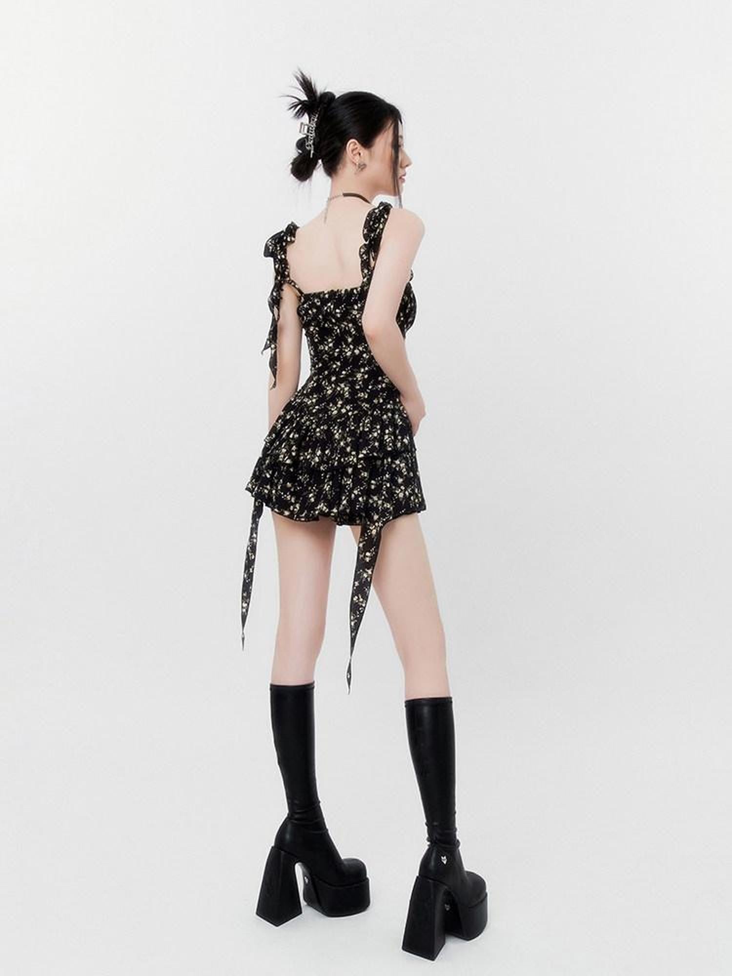 VOCK Jasmine Black Floral Ruffle High Waist Women's Polyester Slip Mini Dresses