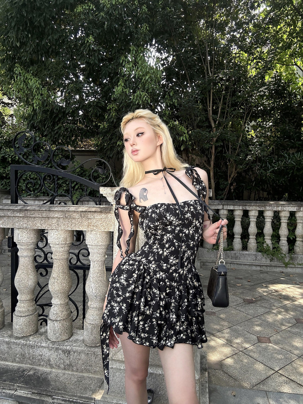 VOCK Jasmine Black Floral Ruffle High Waist Women's Polyester Slip Mini Dresses