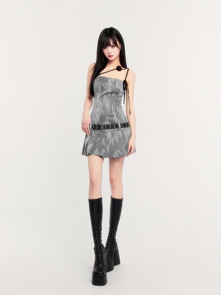 VOCK Lace Pleated Asymmetrical Tie Women's Polyester Blend Tube Mini Dresses