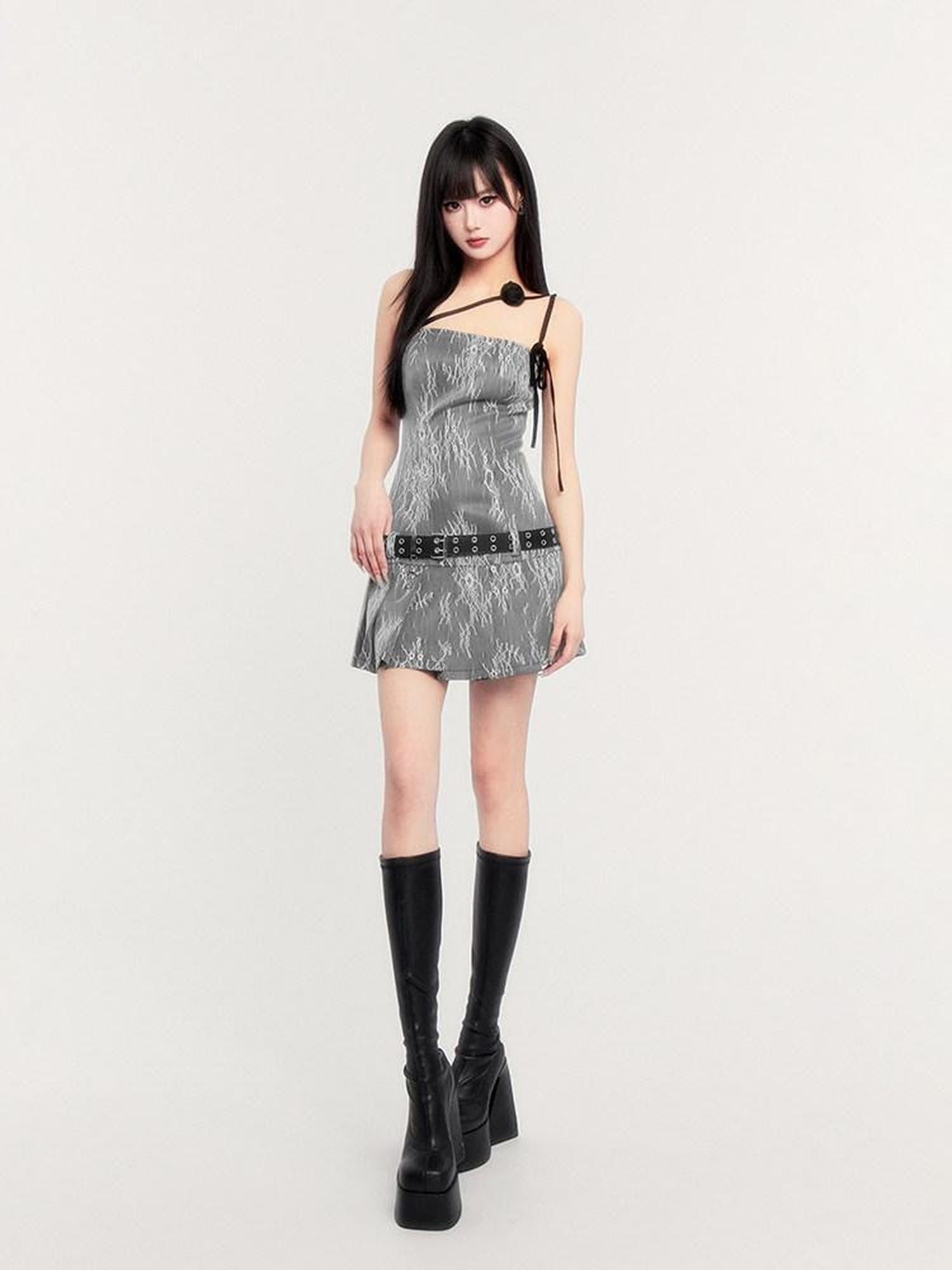 VOCK Lace Pleated Asymmetrical Tie Women's Polyester Blend Tube Mini Dresses