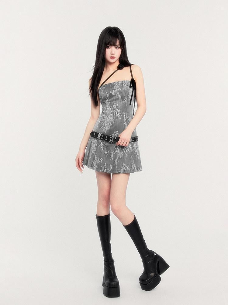 VOCK Lace Pleated Asymmetrical Tie Women's Polyester Blend Tube Mini Dresses