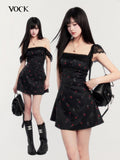 VOCK Lace Rose Floral Square Neck High Waist Puff Sleeve Women's Casual Mini Dresses