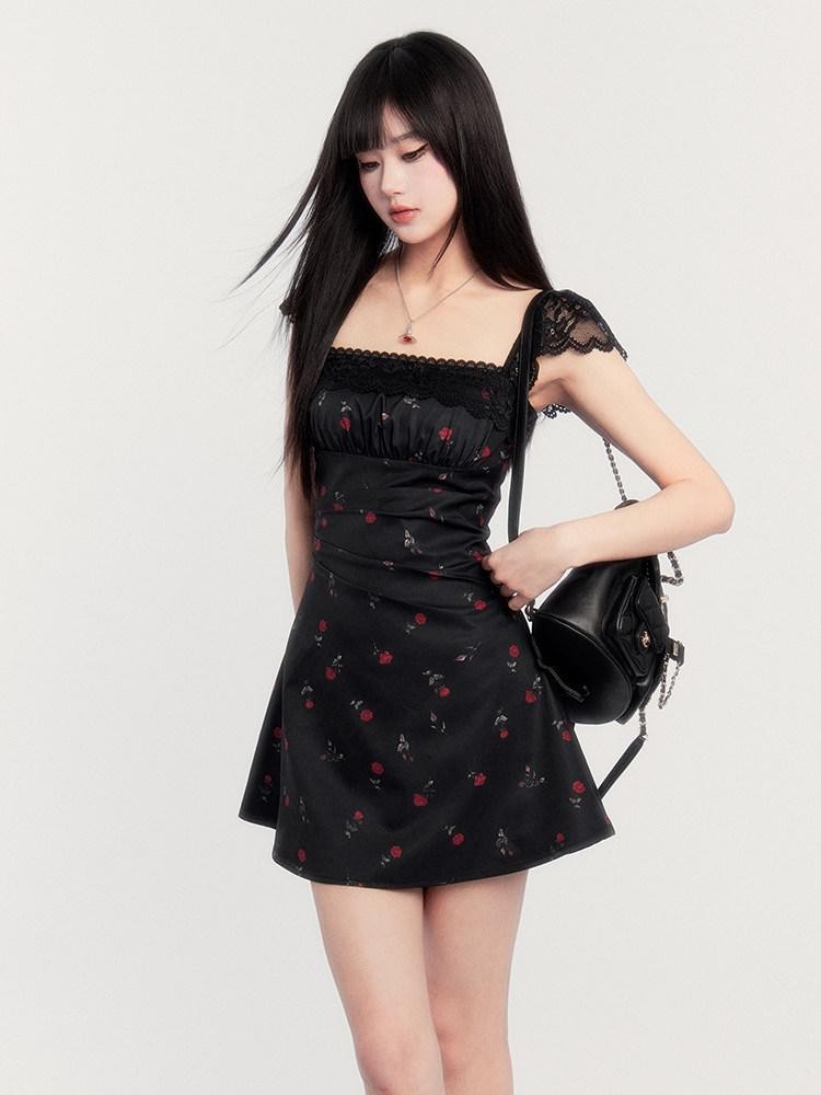 VOCK Lace Rose Floral Square Neck High Waist Puff Sleeve Women's Casual Mini Dresses