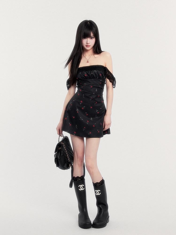 VOCK Lace Rose Floral Square Neck High Waist Puff Sleeve Women's Casual Mini Dresses