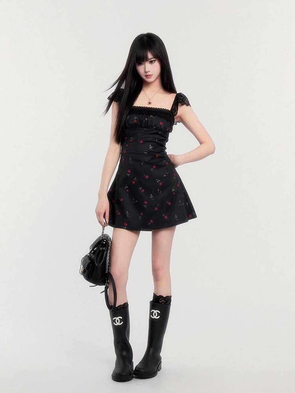 VOCK Lace Rose Floral Square Neck High Waist Puff Sleeve Women's Casual Mini Dresses